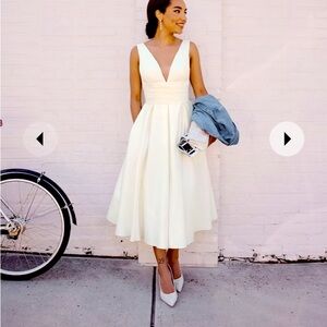 David’s Bridal Deep V neck Satin Tea length Ivory dress